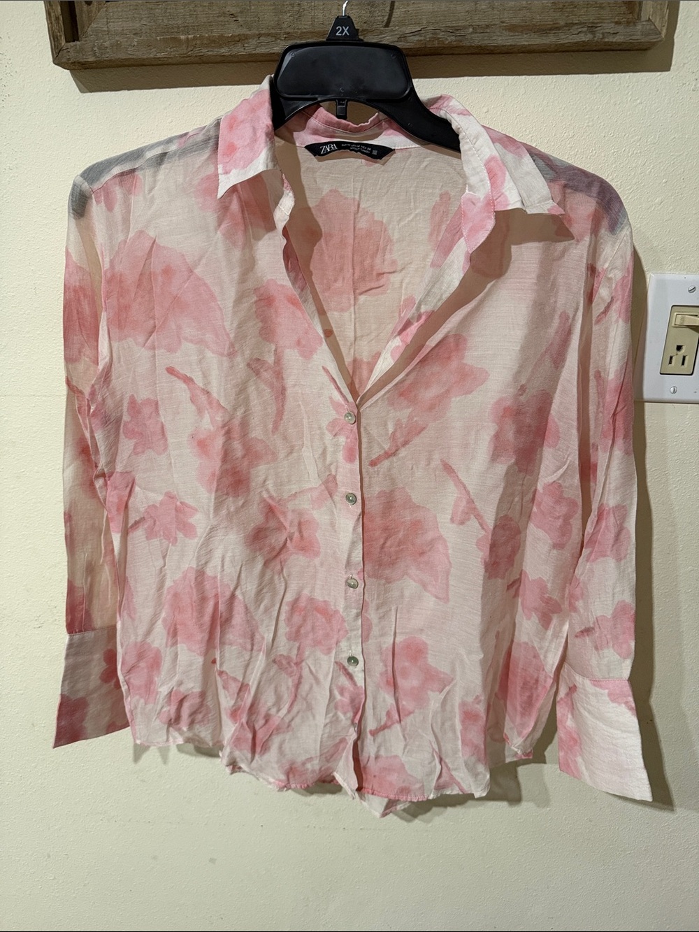 Zara Sheer White Button-Down with Pink Floral Print